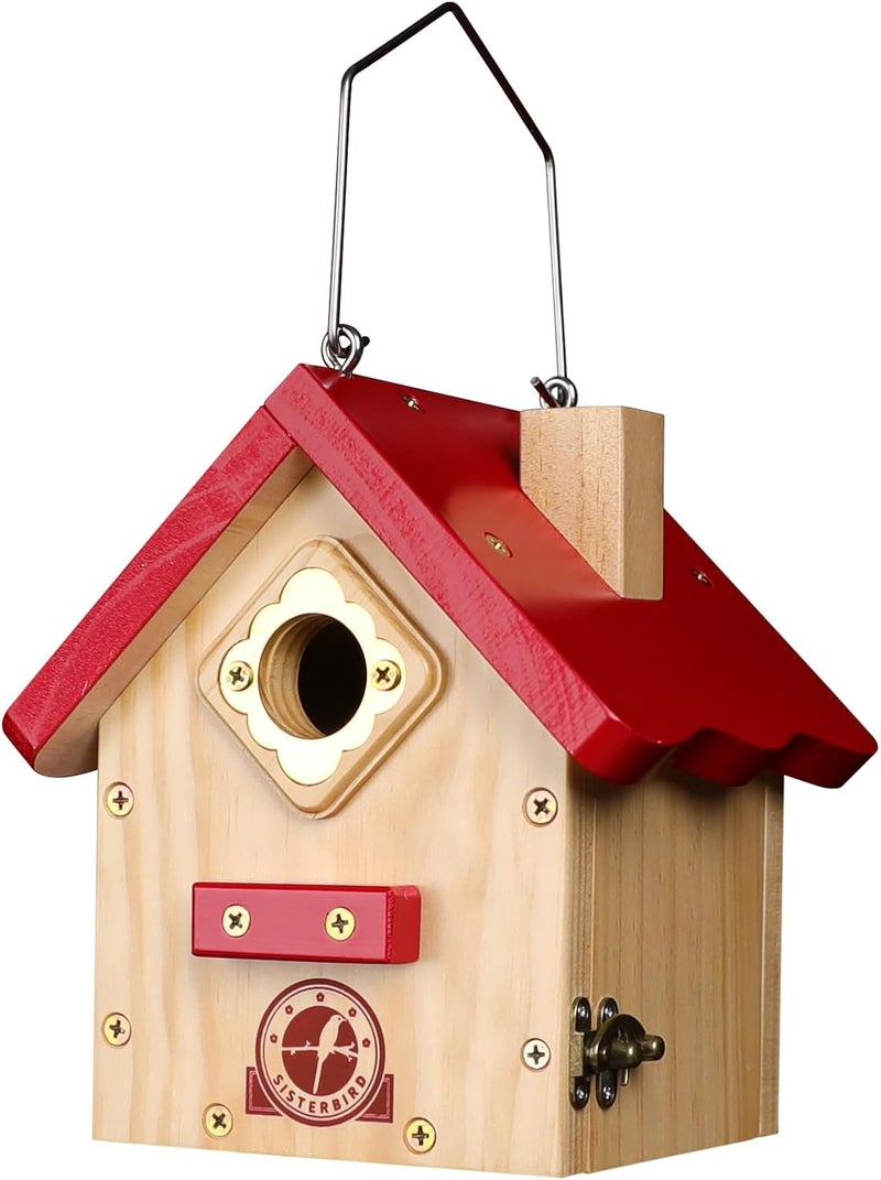 SISTERBIRD Wren Bird House, Premium Wooden Bird Houses for Outside, Classic Cabin Design Birdhouses for Outdoors, Hanging Bird House, Red-Breasted Nuthatch Wren Chickadee - Image 1